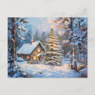 Cosy Winter Cottage with Christmas Tree Postcard