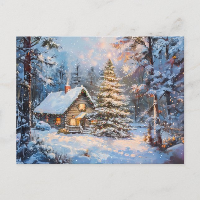 Cosy Winter Cottage with Christmas Tree Postcard (Front)