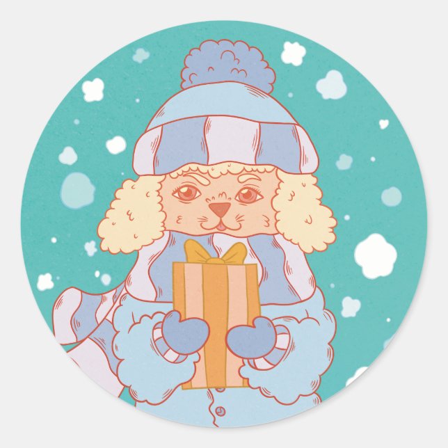 Cosy Winter Dog Classic Round Sticker (Front)