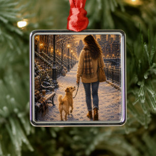 Cosy Winter Evening Walk with My Best Friend Metal Tree Decoration
