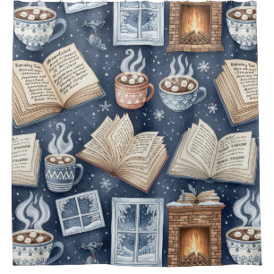 Cosy Winter Evenings – Hot Cocoa, Books, Firelight Shower Curtain