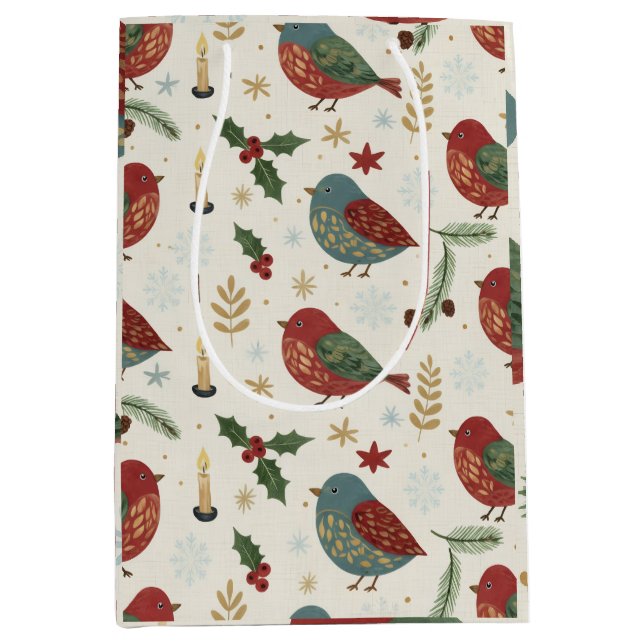 Cosy Winter Holiday Robin Bird and Berries Pattern Medium Gift Bag (Front)