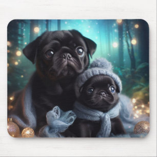 Cosy Winter Night Pug Puppies Forest Mouse Pad