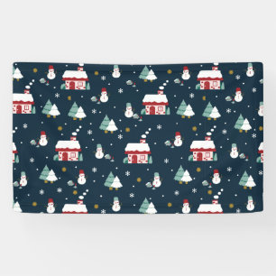 Cosy Winter Night Village and Snowmen Banner
