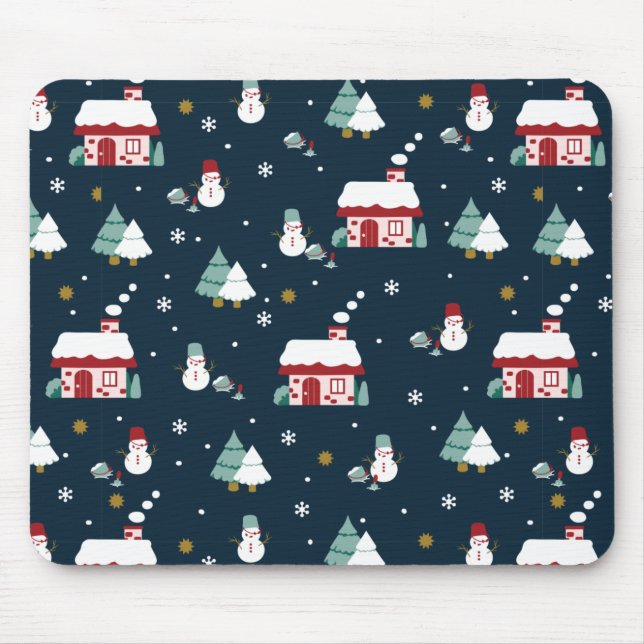 Cosy Winter Night Village and Snowmen Mouse Mat (Front)