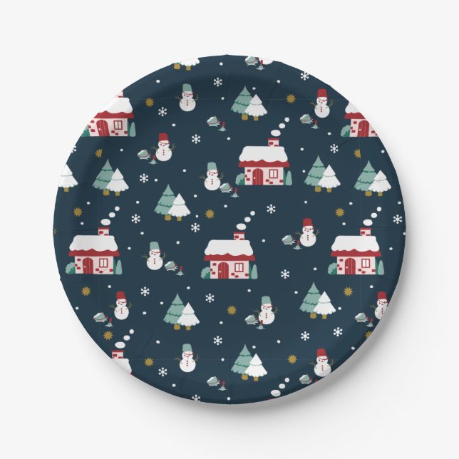Cosy Winter Night Village and Snowmen Paper Plate (Front)