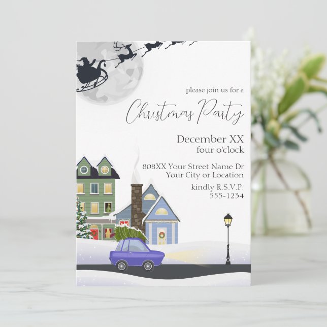 Cosy Winter Night Village Christmas Party Invitation (Standing Front)