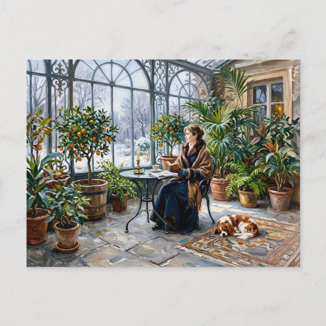 Cosy Winter Orangery with Cavalier Spaniel Postcard (Front)