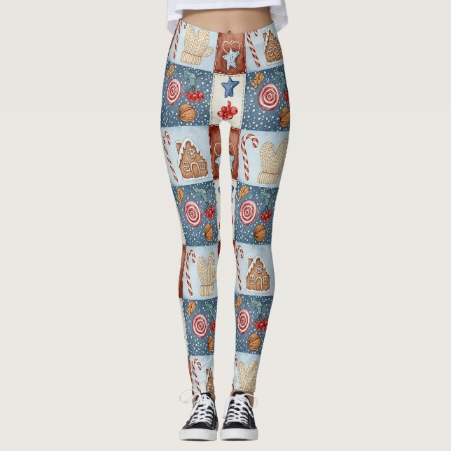 Cosy Winter Patchwork Christmas Leggings (Front)