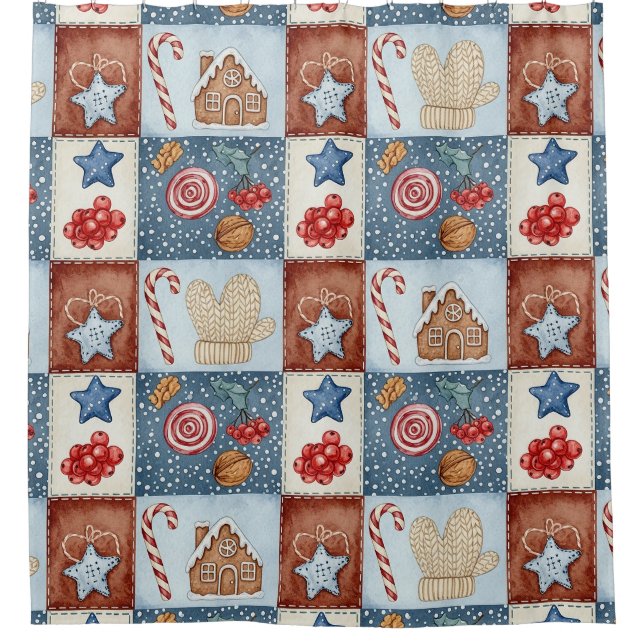 Cosy Winter Patchwork Christmas Shower Curtain (Front)