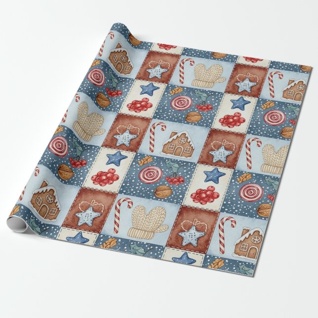 Cosy Winter Patchwork Christmas Wrapping Paper (Unrolled)