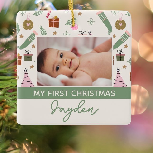 Cosy Winter Pink Green First Christmas Photo   Ceramic Ornament (Creator Uploaded)