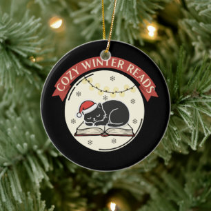 Cosy Winter Reads Cute Christmas Cat Book Lover Ceramic Tree Decoration