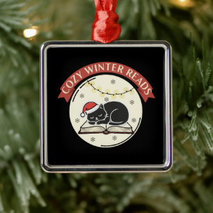 Cosy Winter Reads Cute Christmas Cat Book Lover Metal Tree Decoration