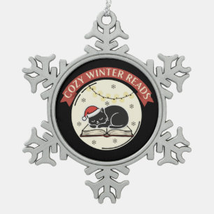 Cosy Winter Reads Cute Christmas Cat Book Lover Snowflake Pewter Christmas Ornament