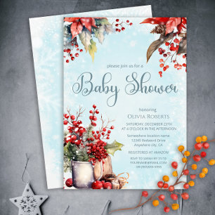 Cosy Winter Rowan berry bouquet Baby Shower Invitation