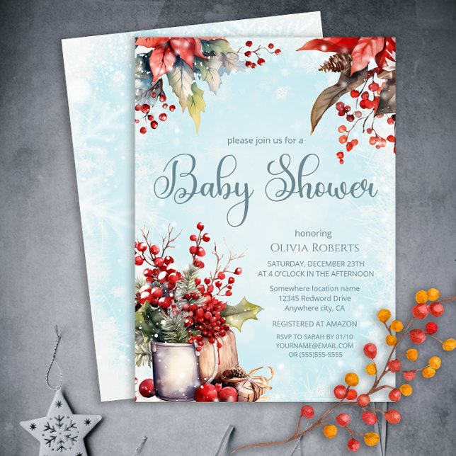 Cosy Winter Rowan berry bouquet Baby Shower Invitation (Creator Uploaded)