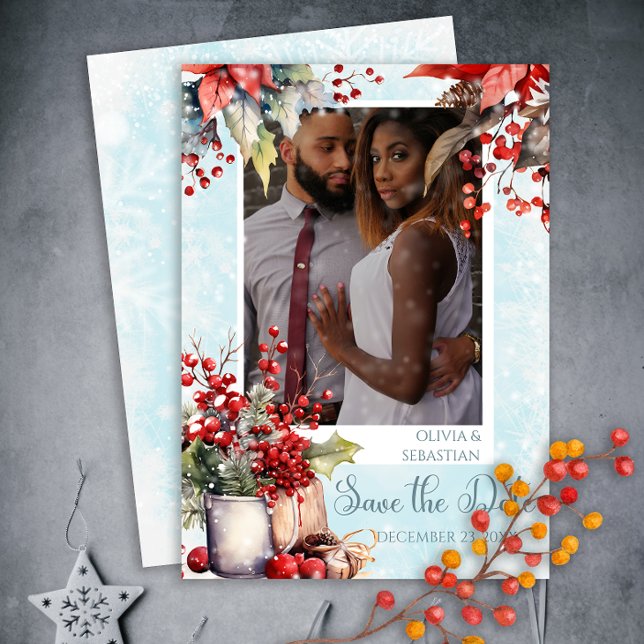 Cosy Winter Rowan berry bouquet Photo Wedding Save The Date (Creator Uploaded)