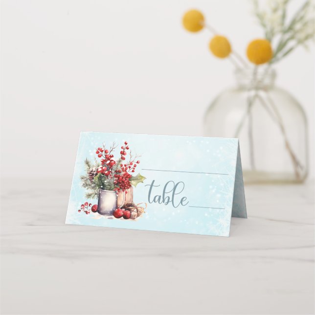 Cosy Winter Rowan berry bouquet Wedding Place Card (Front)