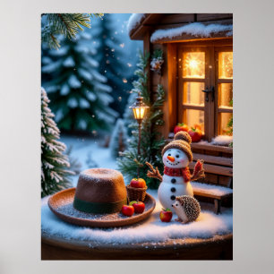 Cosy Winter Scene With Snowman, Hedgehogs Poster