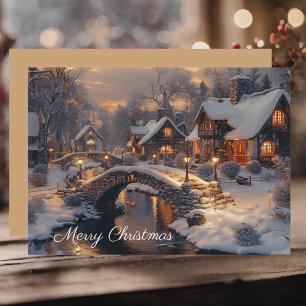 Cosy Winter Stone Cottage Village Merry Christmas Holiday Card