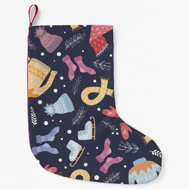 Cosy winter things on a blue background. Knitted c Small Christmas Stocking (Front)