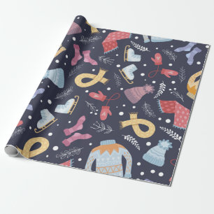 Cosy winter things on a blue background. Knitted c Wrapping Paper