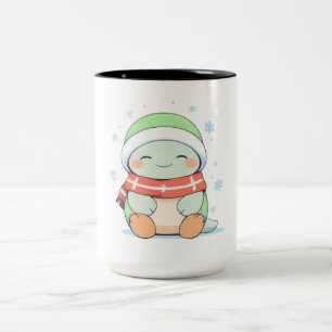 Cosy Winter Turtle with Scarf Kawaii Design Two-Tone Coffee Mug