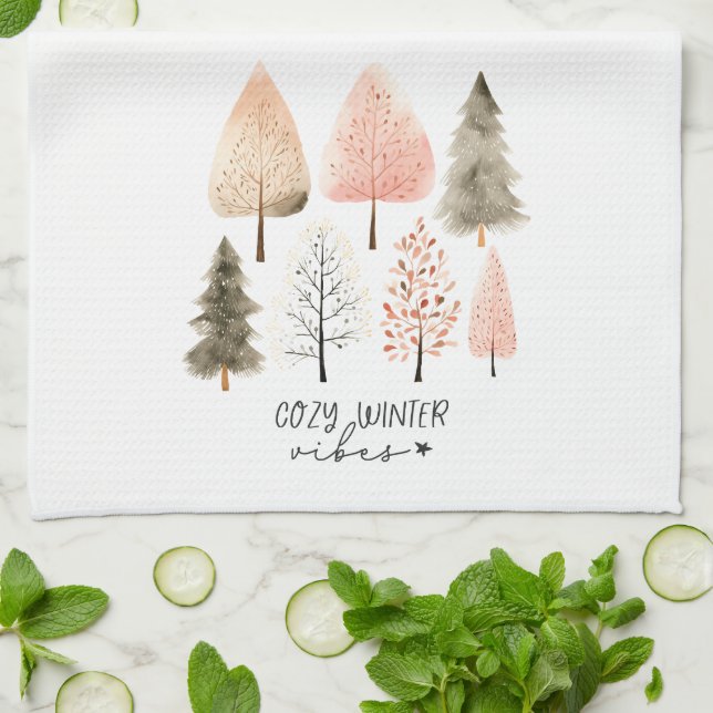 Cosy Winter Vibes Pastel Boho Tree Christmas Tea Towel (Folded)