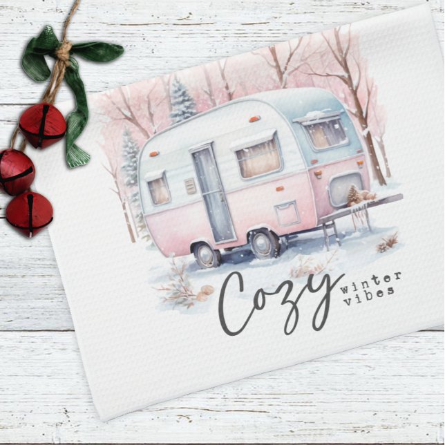 Cosy Winter Vibes Pink Pastel Camper Christmas  Tea Towel (Creator Uploaded)
