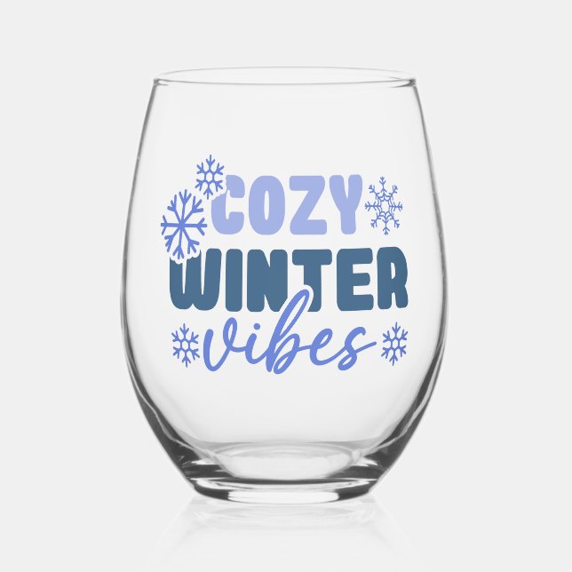 Cosy Winter Vibes - Snowflake Typography Stemless Wine Glass (Front)