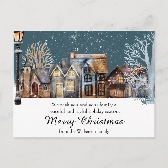 Cosy Winter Village at Night with Falling Snow Postcard (Front)