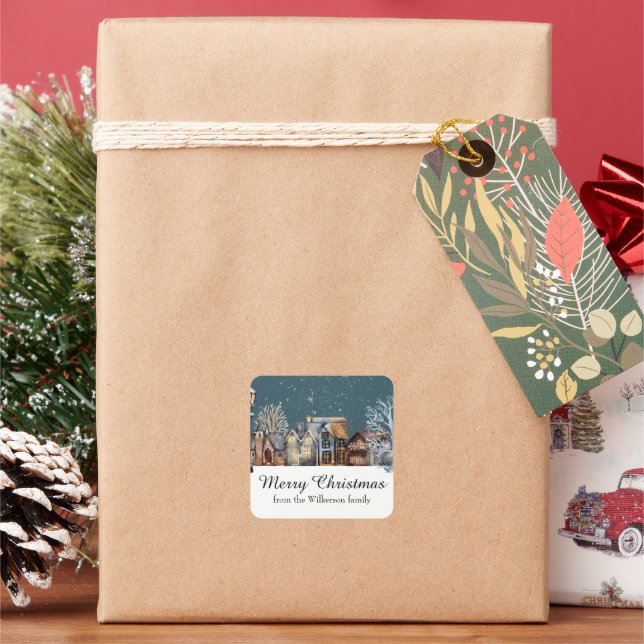 Cosy Winter Village at Night with Falling Snow Square Sticker (Holiday)