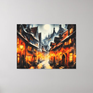 Cosy Winter Village Moonlight Street - Warm Oil Pa Canvas Print