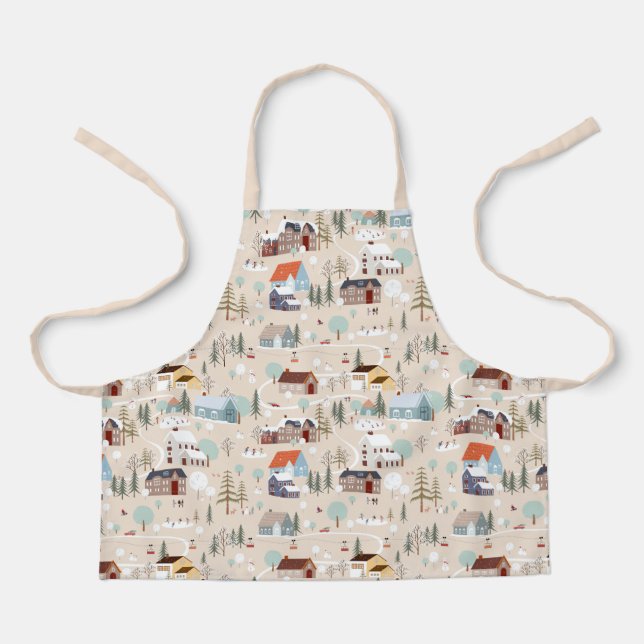 Cosy Winter Village Scene Pattern Apron (Front)