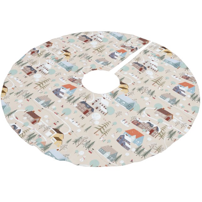 Cosy Winter Village Scene Pattern Brushed Polyester Tree Skirt (Angled)