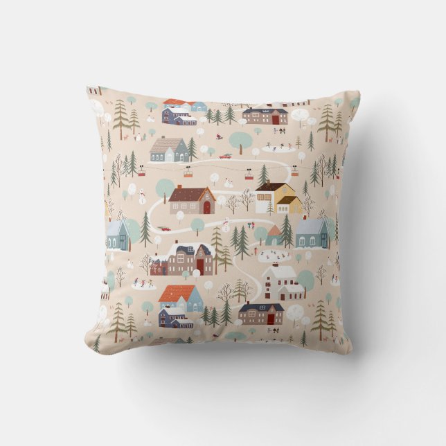 Cosy Winter Village Scene Pattern Cushion (Front)