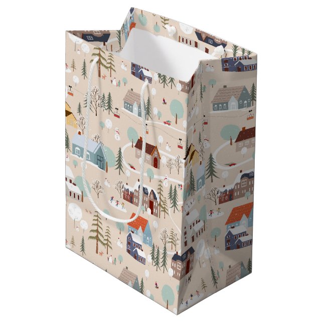 Cosy Winter Village Scene Pattern Medium Gift Bag (Front Angled)