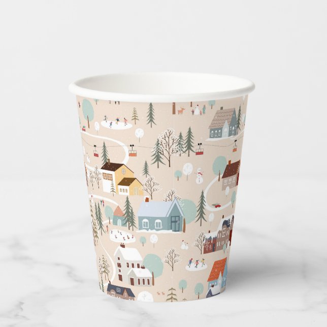 Cosy Winter Village Scene Pattern Paper Cups (Front)