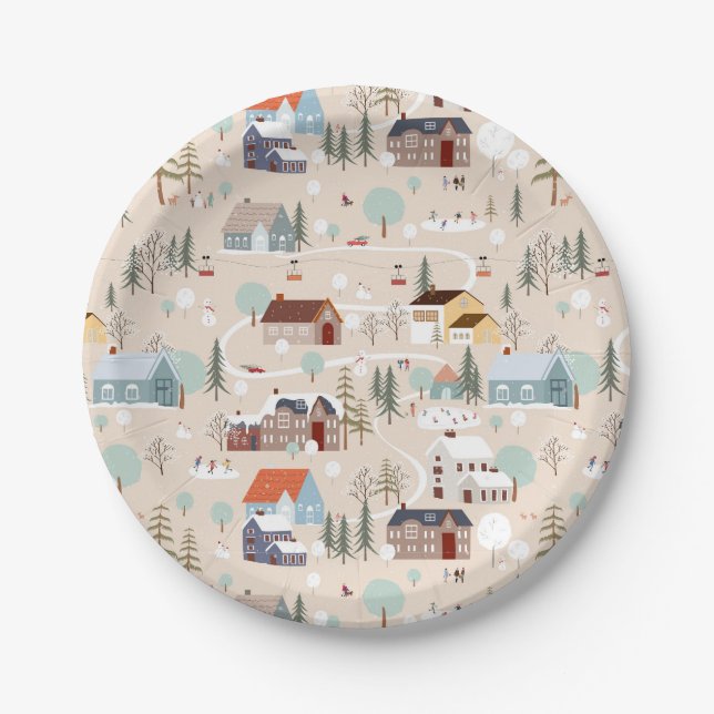 Cosy Winter Village Scene Pattern Paper Plate (Front)