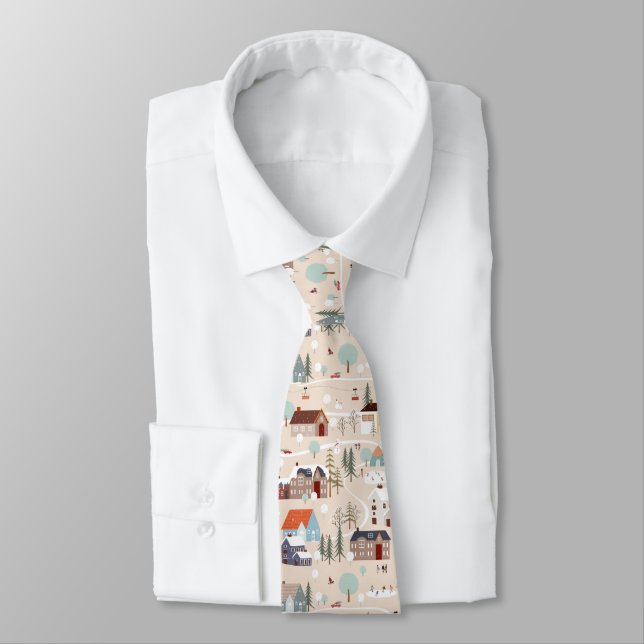 Cosy Winter Village Scene Pattern Tie (Tied)