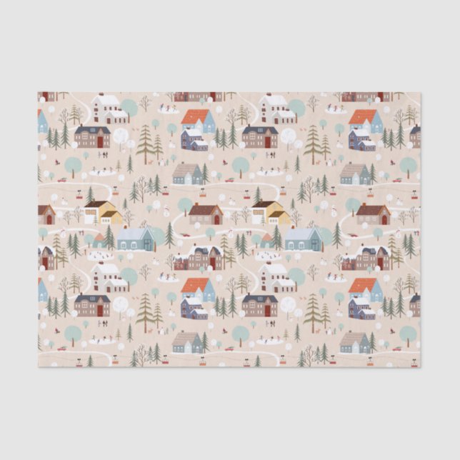 Cosy Winter Village Scene Pattern Tissue Paper (Front)