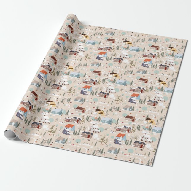 Cosy Winter Village Scene Pattern Wrapping Paper (Unrolled)