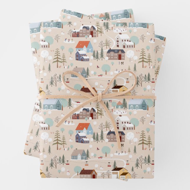 Cosy Winter Village Scene Pattern Wrapping Paper Sheet (In situ)