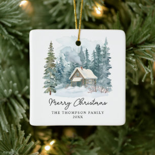 Cosy Winter Watercolor Cabin Handwritten Christmas Ceramic Ornament