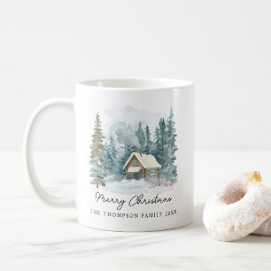 Cosy Winter Watercolor Cabin Handwritten Christmas Coffee Mug