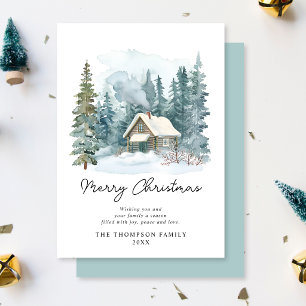 Cosy Winter Watercolor Cabin Handwritten Christmas Holiday Card