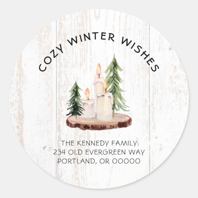 Cosy Winter Wishes White Distressed Wood Xmas  Classic Round Sticker (Front)