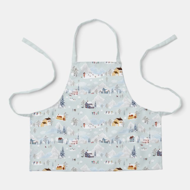 Cosy Winter Wonderland Ice Skating Village Pattern Apron (Front)