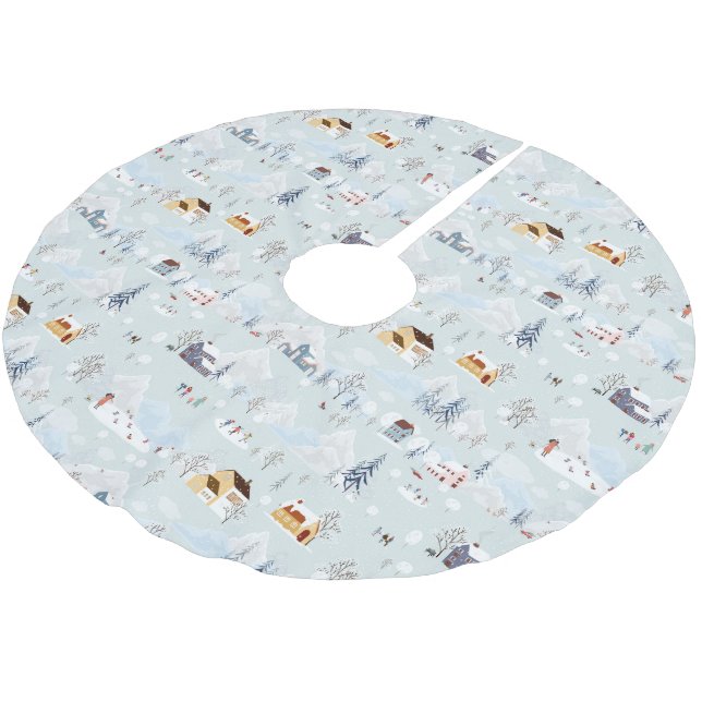 Cosy Winter Wonderland Ice Skating Village Pattern Brushed Polyester Tree Skirt (Angled)